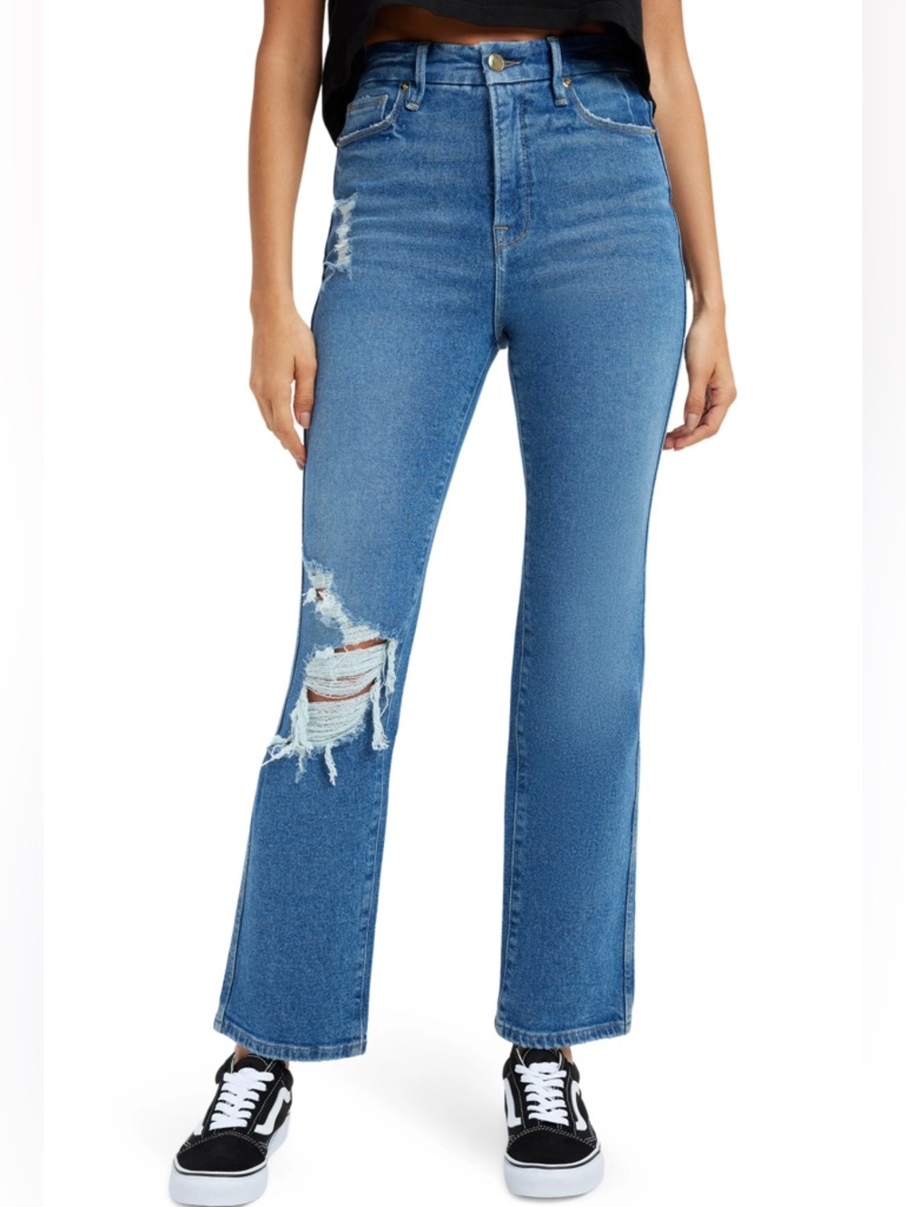 Good American Good Curve High Waist Distressed Straight Leg Jeans Size 14